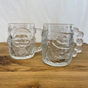 3D Christmas Holiday Luminarc USA Clear Glass Snowman Santa 2 Mugs VINTAGE